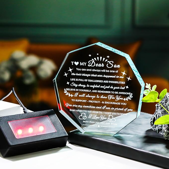 Arikyrist Son Gifts with Coloful LED Base Meaningful Birthday Gifts for Son from Mom Dad Inspirational Crystal Keepsake for Graduation Gifts for Adult Son To My Son Present on Fathers Day Christmas Valentines