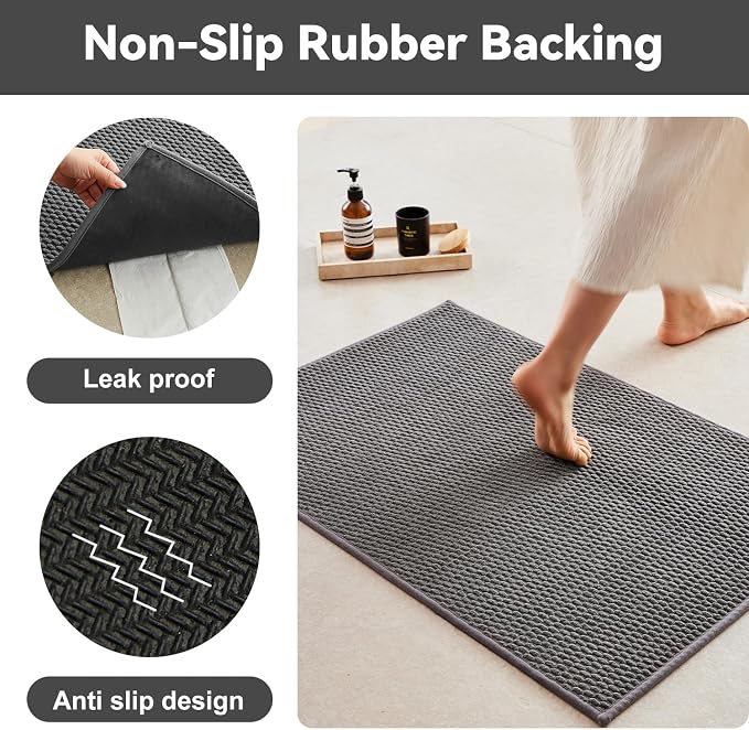Triohero Bathroom Rugs Non Slip Washable, Super Absorbent Thin Bath Mat Small Quick Dry Low Pile Bathroom Rug, Dark Grey 16"x24"