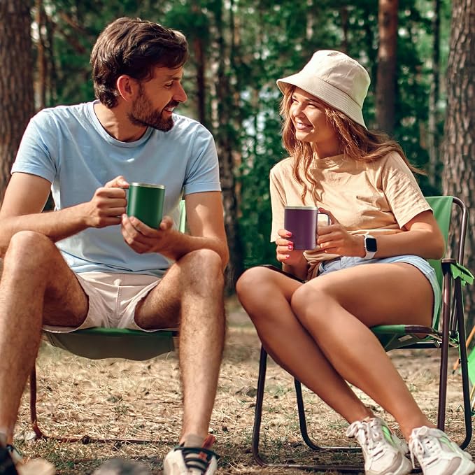 MEWAY 12oz Coffee Mug With Handle 2 Pack Bulk,Stainless Steel Insulated Travel Tumblers With Sliding Lid,Double Wall Vacuum Camping Cup for Hot & Cold Drinks Tea (Forest Green&Plum,Set of 2)