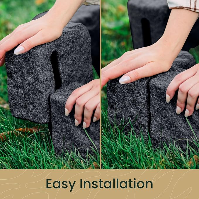 Landscape Edging | Garden Edging Border | Polyrock Blocks for Lawn Edging, Flower Beds & Yard Edging – 4 Pack | Each Section Has 6 Blocks 48" L x 4" W x 6.5" H | 8 Spikes | Charcoal
