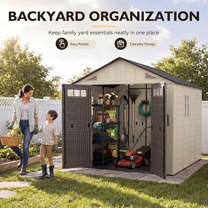 Aoxun 8x10 Ft Outdoor Storage Shed with Floor, Large Resin Outdoor Shed with Lockable Door & Windows, Garden HDPE Sheds for Lawn Tools, Pool Supplies & Bikes