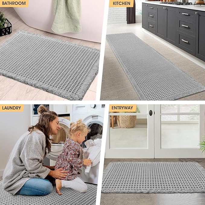 IM HOME Waffle Bath Mat Light Grey 24"x17", Boho Woven Modern Bath Mat Rugs, Absorbent Non Slip Bathroom Rugs, Soft Washable Bath Rugs with Tassels for Bathroom, Bedroom, Kitchen, Shower, Tub
