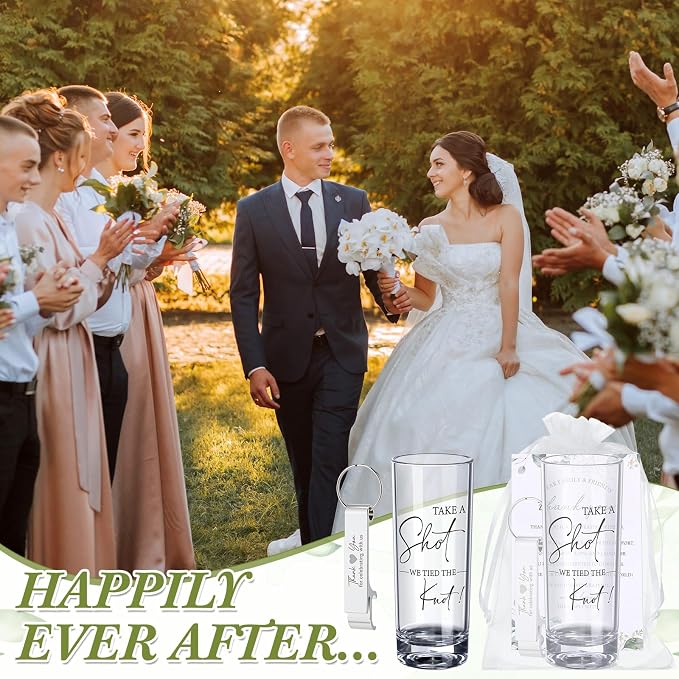 Sliner 100 Sets Wedding Favors for Guests Bulk 2oz Acrylic Personalized Shot Glasses with Bottle Opener Keychain Thank You Cards Organza Bags for Guest Wedding Gifts Newlyweds Bridal Shower Party