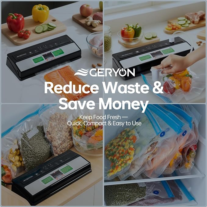 GERYON Food Vacuum Sealer Machine for Dry & Moist Food, Compact Design | Includes reusable vacuum bags and a roll for sous vide, meal prep and freezer storage, with easy LED touch controls.