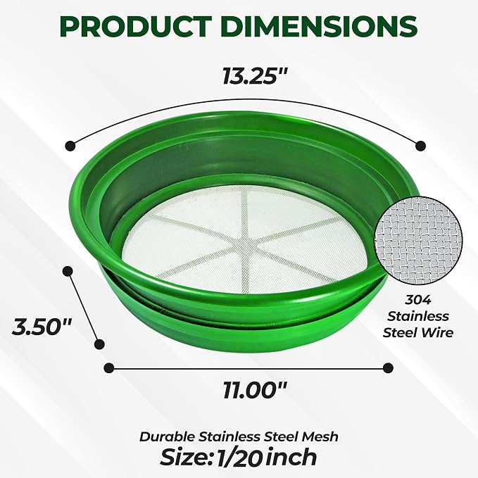SE 13.25 Inch Wide Stackable Classifier Gold Prospecting Pan - 1/20 Inch Stainless Steel Mesh Sifting Pan, Green