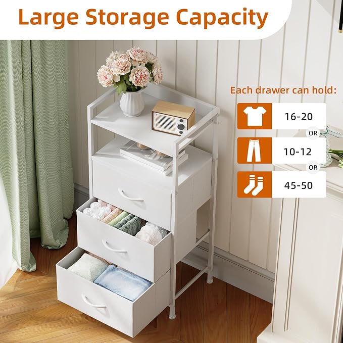 Somdot Nightstand with 3 Drawers, Dresser with Fabric Bins for Bedroom, Hallway, Entryway, Night Stand Bedside Table Furniture, Sturdy Steel Frame, Wooden Top, Easy Pull Fabric Bins, White Leather