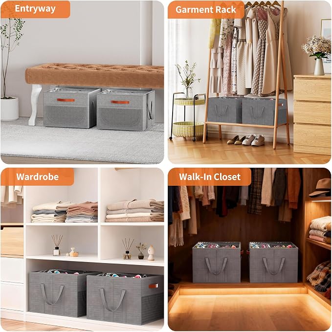 Aokeyee 2 Pack Shoe Organizer for Closet, Stackable Shoe Storage Box, Grey | Fits up to 32 Pairs, Space Saving, Foldable, Shoes Organizer Bin with Clear Cover, 4 Reinforced Handles