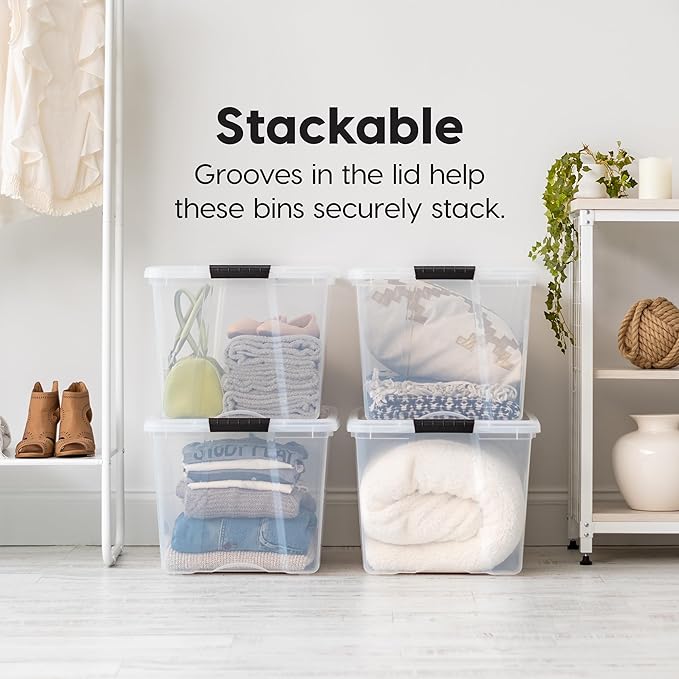 IRIS USA 72 QT Plastic Storage Box with Lid and Latches - 4 Pack - BPA-Free, See-Through Organizing Solution, Durable Nestable Stackable Containers, Secure Pull Handle - Clear