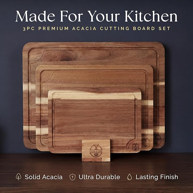 Pre-Oiled, Non Toxic 3-Piece Acacia Cutting Board Set with Stand | 15.7 x 11.8 in, 13 x 9.4 in, 10.2 x 7.1 in · FSC certified · Includes 3.4 fl oz oil · Deer & Oak