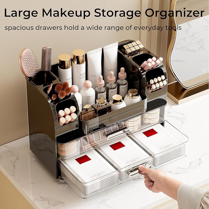 UFORU Makeup Organizer for Vanity with 2 Large Drawers, Cosmetic Display Case with Brush Holders, Easy to Storage for Bathroom Countertop Skincare, Perfume, Black