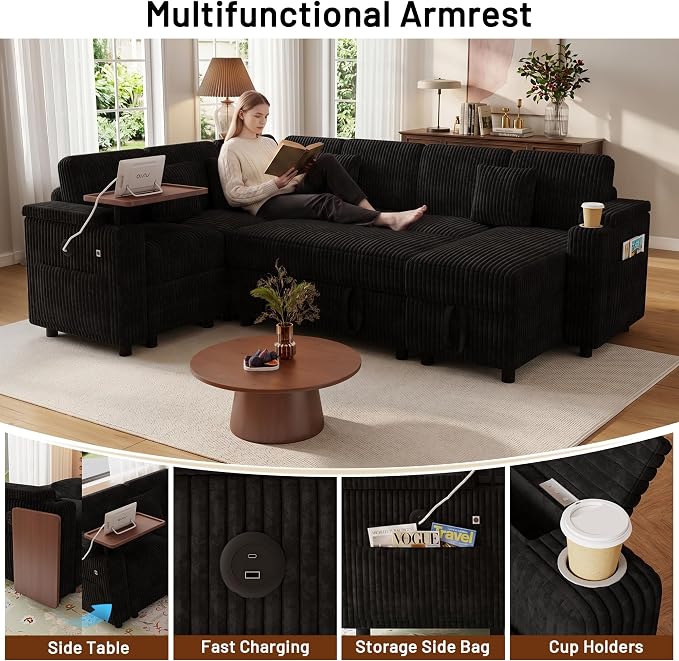 L-Shaped Sectional Sleeper Sofa with Pull Out Bed, Black | Plush Corduroy, Reclining Backrest, Storage Chaise, Usb Ports, Cup Holders & Table – Modular Cloud Couch for Living Room