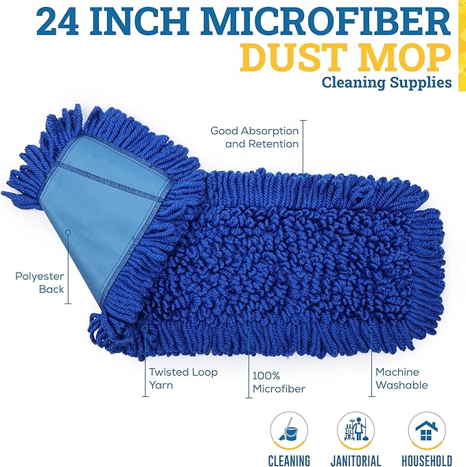 KLEEN HANDLER 24 Inch Microfiber Dust Mop, Medium Washable Commercial, Sweeper, Janitorial Head Replacement, Push Mop Broom, Blue