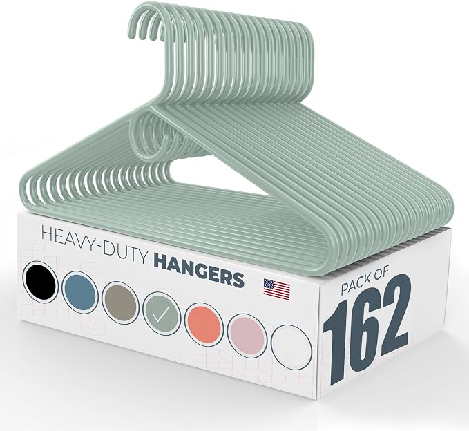 Heavy Duty Clothes Hangers 100+ Pack (162 Count) – Made in the USA – 8lb Capacity Plastic Hangers for Adult Clothing – Durable for Pants, Coats, Jackets, or Jeans – Mint