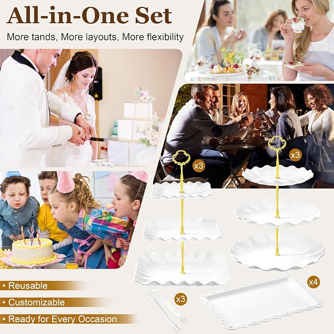 Dessert Table Display Set 13PCS, 3-Tier Cupcake Stand Set with Metal Gold Rods, 3 Round & 3 Square Dessert Stands, 4 Serving Trays & 3 Tongs for Wedding Birthday Baby Shower Party Decor
