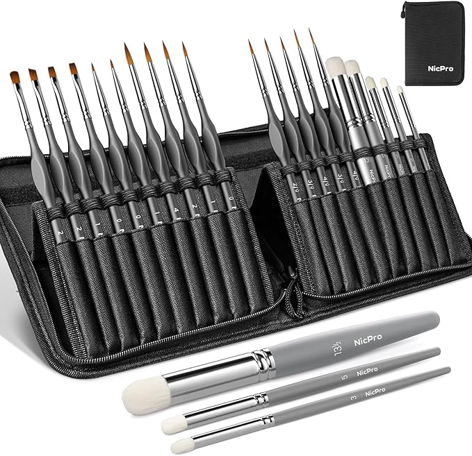 Nicpro Miniature Paint Brushes Dry Brush - 20PCS Model Paint Brush Set with Nylon Case for Acrylic, Oil, Watercolor, Detail Paint Brush Drybrush for Model, Miniature Painting, Paint by Numbers