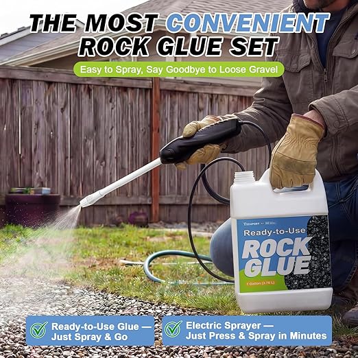 Teexpert Ready-to-Use Rock Glue for Landscaping with Electric Sprayer, 1 Gallon Gravel Glue for Landscaping for Pea Gravel, River Rock & Stone for Outdoor Landscape, Walkways, Patios, & Driveways Edge