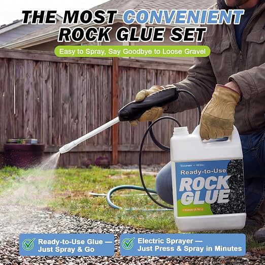Teexpert Ready-to-Use Rock Glue for Landscaping with Electric Sprayer | 2 Gallon Gravel Glue for Pea Gravel Pebbles & Stones, Weather Resistant, Strong Hold, Water Permeable