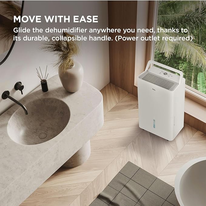 TCL 25-Pint Capacity Quiet, Energy Efficient Portable Dehumidifier, Precise Humidity Control, Bucket or Continuous Drain, Compact Humidity Absorber for Home, Attic, Garage & Rooms up to 2000 Sq Ft