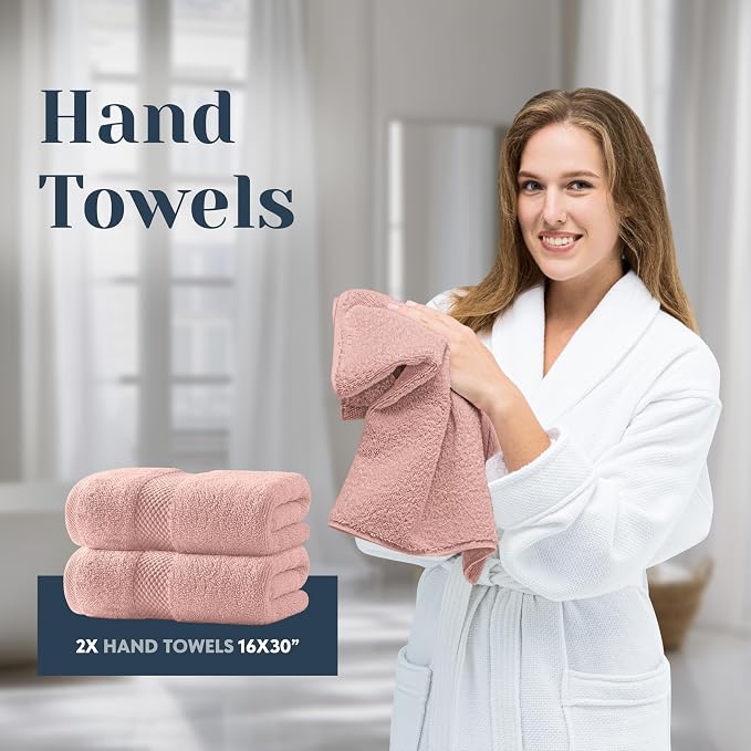 White Classic Luxury Bath Towel Set of 8 Pieces - 100% Turkish Cotton Highly Absorbent Towels for Bathroom, 2 Luxury Bath Towels 700GSM, 2 Hand Towels, 4 Washcloths, Pink