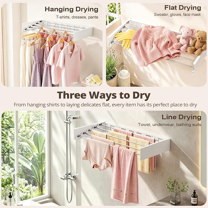 Wall Mounted Clothes Drying Rack Folding Indoor, Foldable Laundry Drying Rack Collapsible,Invisible, Space Saving, Retractable Towel Drying Rack, with Wall Template(5 Drying Rods, White 32")