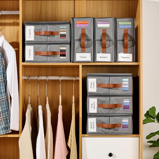6pack Bed Sheet Organizer, Foldable Linen Closet Organizers and Storage with Sealed Design, Queen & King Size Sheet Storage with Window, Closet Organizer for Bedsheets/Blankets/Clothes, Grey