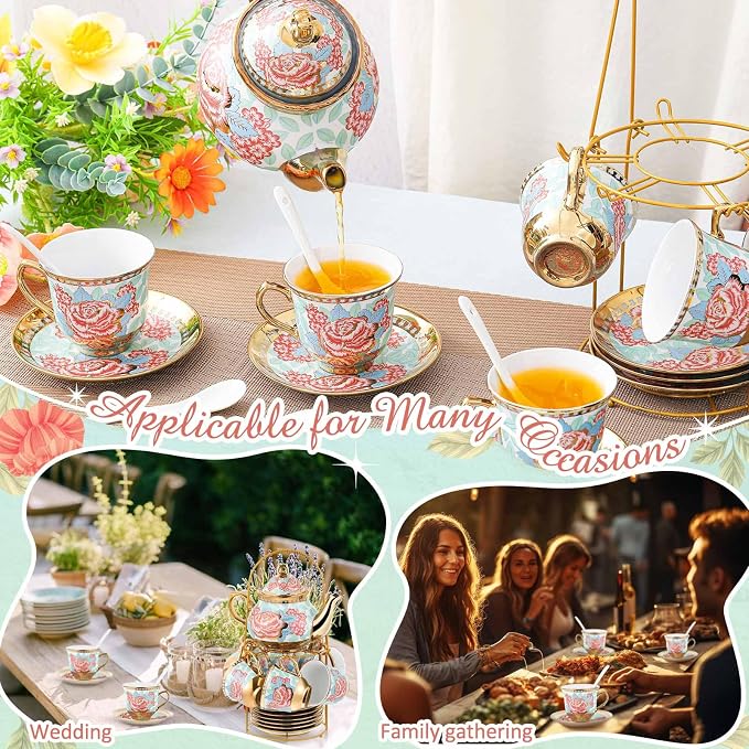 Zhehao 20 Pcs Porcelain Tea Set with Metal Holder and Spoon Adult Ceramic Tea Set European Flower Painting Teapot Cup Saucer Spoon for Women Mom Gift, Large Version (Vintage Style)