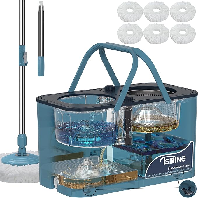 RinseWise Large Gen 1 Spin Mop and Bucket with Wringer, 2 Gal Clean Water Capacity, 4-Chamber Clean & Dirty Water Separation, 4 Swivel Wheels, 61" Handle, 6 Microfiber Heads for Hardwood & Tile Floors