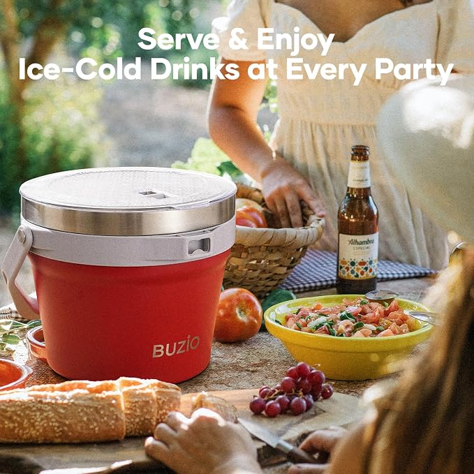 BUZIO 7.4 Qt/7 L Double Wall Insulated Ice Bucket with Lid Scoop & Tongs | Stainless Steel Beer Bucket for Party Cocktail Bar Champagne, Adjustable Shoulder Strap, Holds 6 Longnecks or 3 Wine Bottles