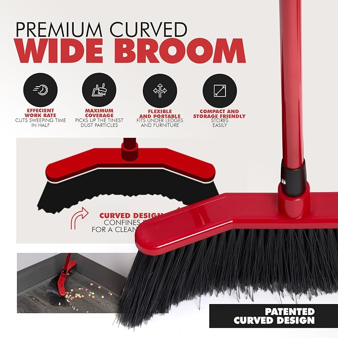 Da Vinci Angle Broom with Dustpan Combo Set – 16" Curved Head, 52" Adjustable Telescopic Handle, Soft PVC Bristles, Indoor Outdoor Broom and Dustpan Set for Kitchen, Pet Hair, Dust & Debris