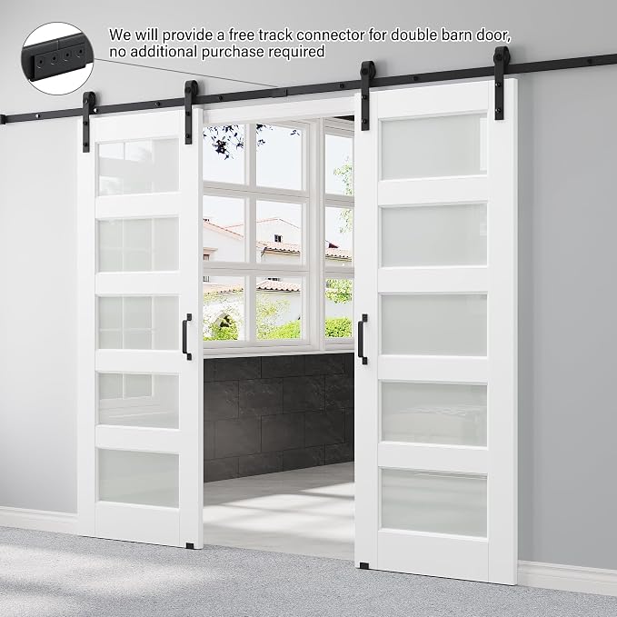 56" x 80" Pre-Assembled Double Barn Doors and 12FT Sliding Door Hardware Kit Included, 5-Lites Frosted Glass Sliding Barn Door for Closet Bathroom Bedroom, Solid & Water-Resistant MDF, Paintable