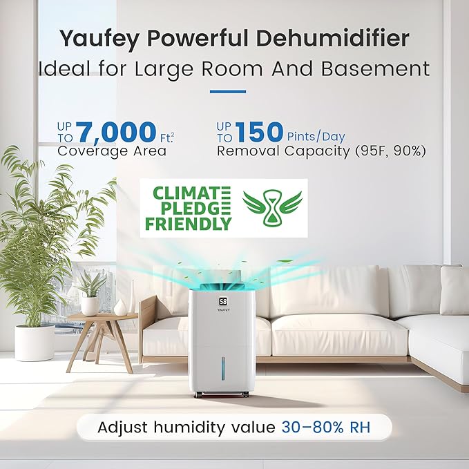 Yaufey 150 Pints Dehumidifier for Home, Basement and Large Room up to 7000 Sq. Ft., with Drain Hose, Timer, Intelligent Humidity Control and Large Water Tank