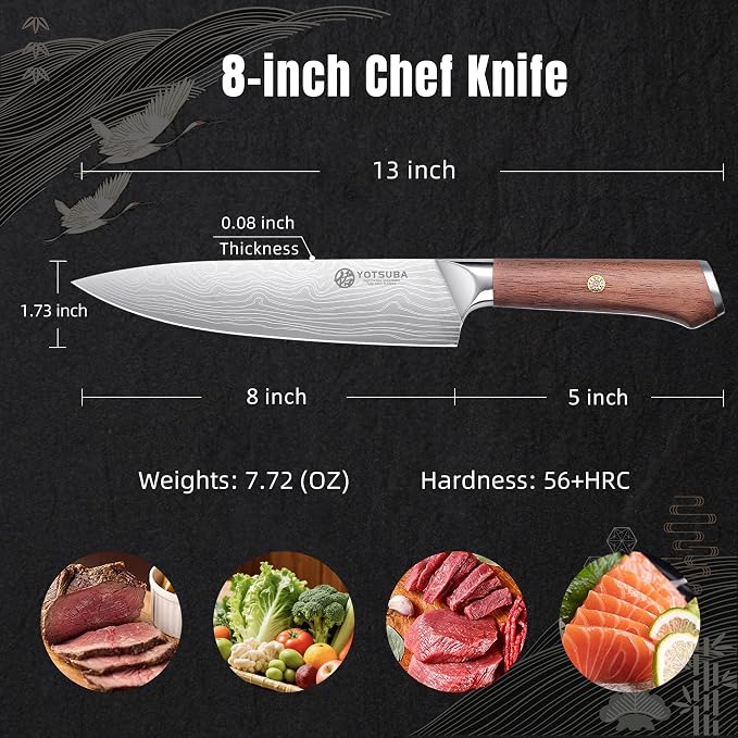 YOTSUBA 8 Inch Japanese Chef Knife, Ultra Sharp Professional Kitchen Knife, High Carbon Stainless Steel Knife with Ergonomic Wood Handle, Ideal for Home Cooking and Premium Gifting