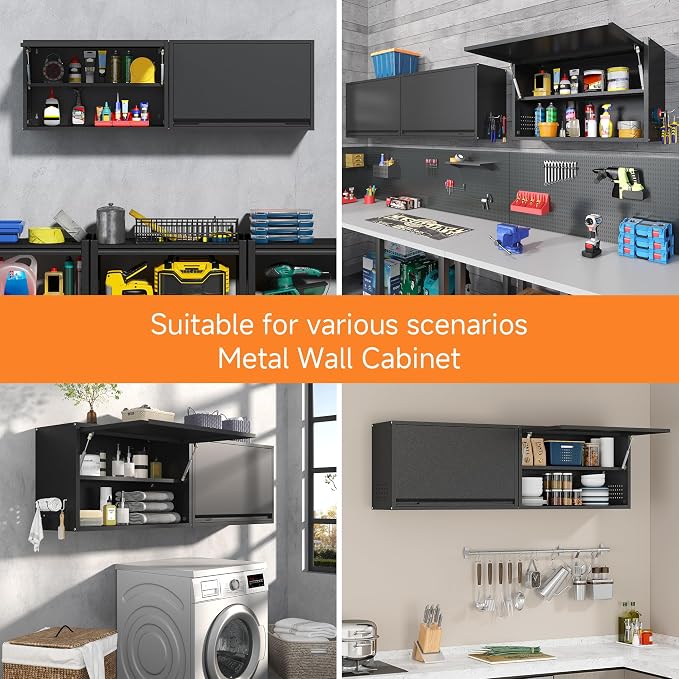 Coolsun Garage Wall Cabinet with Up-Flip Door, 19.7" H Metal Wall Cabinet | Wall Mounted Metal Storage Cabinet for Kitchen,Garage,Basement,Ware House Assembly Required (Black Gray 31.5" W)