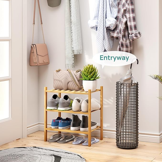 viewcare Small Shoe Rack, 3-Tier Shoe Rack for Entryway, Bamboo Wood Shoe Shelf for Closet & Hallway, Long 17.2IN | Beautiful | Functional | Sturdy | Durable