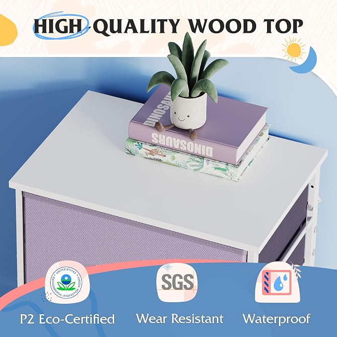 WLIVE Small Dresser Nightstand for Bedroom, 4 Drawers, Purple | 4 vertical fabric drawers, Space-saving tower, Bedroom or closet use, Chest of drawers, Dresser for small spaces