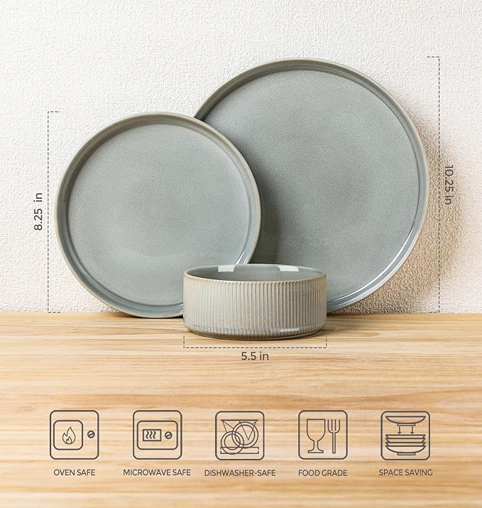 TheTerra Ceramic Dinnerware Sets for 4, 12 Pieces Porcelain Lightweight Plates and Bowls Sets, Scratch Resistant Dish Set, Oven & Microwave & Dishwasher Safe, Desert Sage