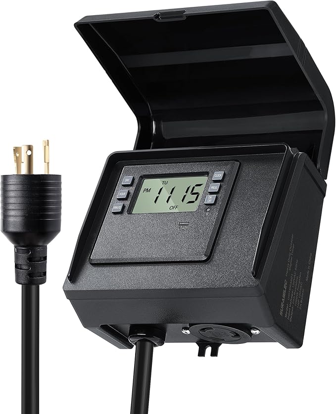SURAIELEC Digital Pool Timer for Above Ground Pools, NEMA L5-20R Twist-Lock Plug-in Timer, 20A 125V 1HP, Programmable 7-Day Schedule, Weatherproof Cover, for Pool Pumps, Heaters and Lights