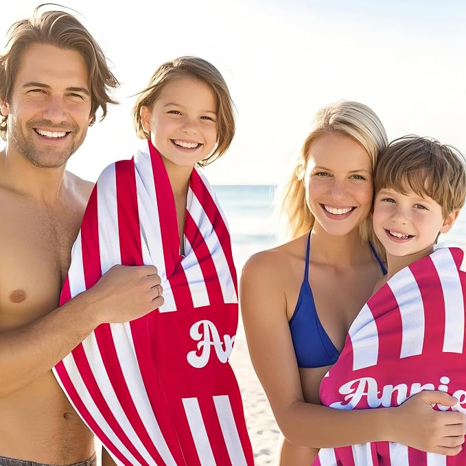 JML Personalized Beach Towel with Name, Custom Cabana Stripe Beach Towel, Customized Microfiber Pool Towel, Quick Dry & Absorbent Swim Towel for Adult,Mother's Day, Birthday, Summer Holiday,Vacation