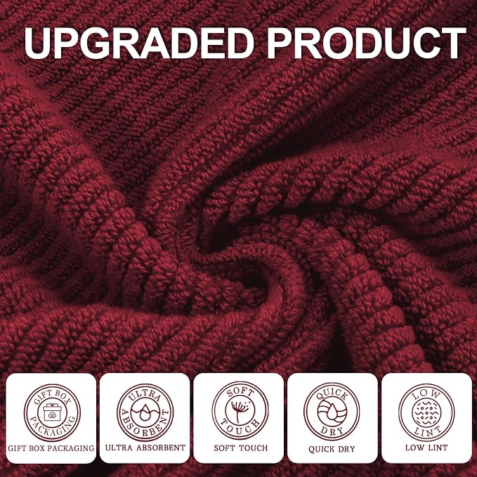 VOOVA & MOVAS Hand Towels 4PC, 100% Cotton, 18x28 in, Burgundy Red | Thick, Quick Dry, Soft, Absorbent, Bathroom Essentials, Suitable For Shower, Spa, Daily Washing