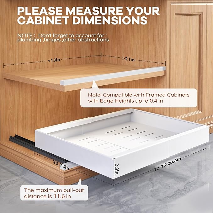 Seinloes 2Pack Expandable Pull Out Cabinet Organizer 21"Deep With Raising Pad for Framed Cabinets, Upgrade 3 Slide Rails Slide Out Drawers, Roll Out Shelves Adhesive,Adjustable Width 12.05"-20.4"White
