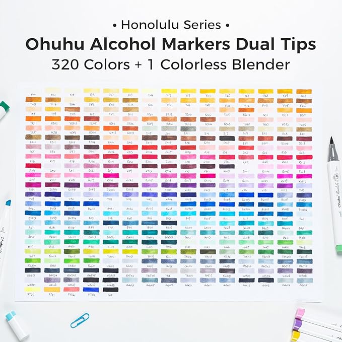 Ohuhu Alcohol Markers Brush Tip - 320-color Double Tipped Art Sketch Marker Set for Artists Adults Coloring Illustration -Brush & Chisel Dual Tips - Honolulu Series of Ohuhu Markers - Refillable Ink