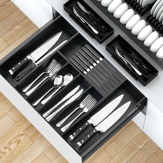 VaeFae Bamboo Silverware Drawer Organizer Kitchen, Expandable Utensil Organizer with Knife Block, Cutlery Tray with Divider, Multifunctional Drawer Organizer (Black)