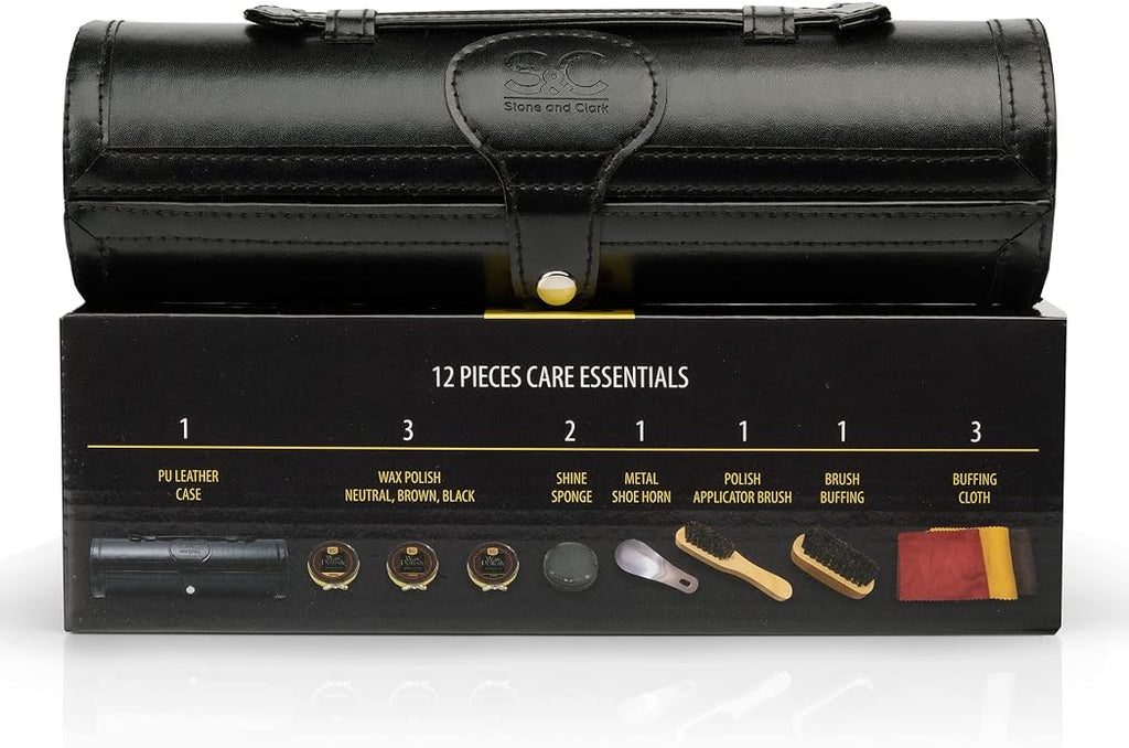 Stone and Clark Leather Shoe Shine Kit - 13 PCS Shoe Polish Kit for Complete Leather Boot Care, Compact & Travel Friendly