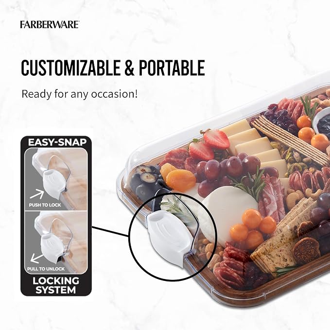 Farberware Acacia Wood Cutting Board with Clear Locking Lid, 11x14 Inch Charcuterie Board with Compartments, Reversible Serving Board for Cheese, Meats, Fruits and Snacks - Make It, Take It, Enjoy It