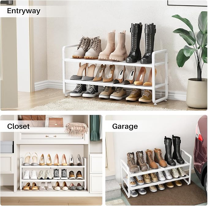 SNTD Shoe Rack - Expandable Shoe Organizer for Closet, Adjustable Metal Shoe Shelf Storage, Stackable Long Shoe Stand Holder for Garage, Entryway, Door Entrance (White, 2-Tier)