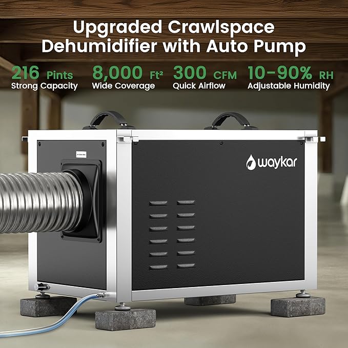 Waykar 216 Pints Crawl Space Dehumidifier with Pump, Remote Control & Dual Duct, HVAC Commercial Dehumidifier for Basement, Whole House & Water Damage, 8000 Sq. Ft, 10-90% RH - 5-Year Quality Coverage