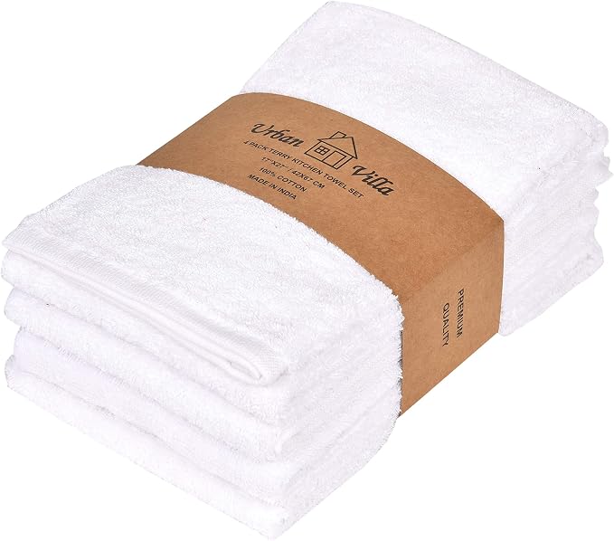 Urban Villa KitchenTowels Dual Purpose Terry Kitchen Towels White Color Set of 4 Dish Towel for Kitchen 100% Cotton Size 17X27 Inches Highly Absorbent KitchenTowels with Hanging Loop