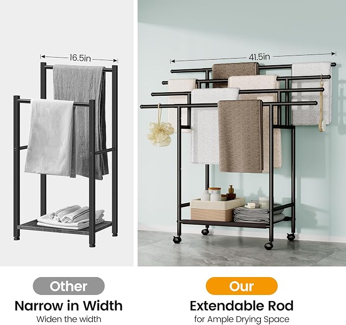 Homeiju Expandable Free Standing Towel Rack for Bathroom, 4 Tier Blanket Rack, Adjustable Blanket Holder for Bathroom, Towel Drying Rack Stand for Outdoor, Poolside, Black