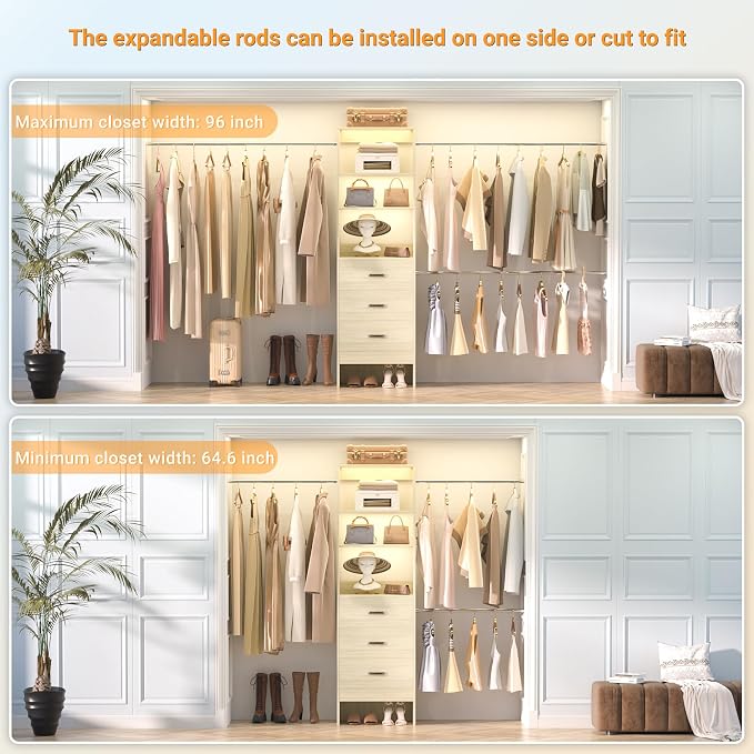 Besiost 96'' Closet Organizer System with 3 Hanging Rods, 8FT Closet Organizers and Storage with 3 Wooden Drawers, Built in Closet Organizer Systems, Adjustable Walk-in Wardrobe from 2-8FT, White Oak