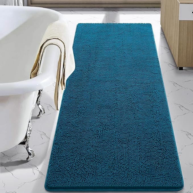 LOCHAS Luxury Bathroom Rug Shaggy Bath Mat 24 x 60 Inch, Peacock Blue | Washable Non Slip Bath Rugs for Bathroom Shower, Soft Plush Chenille Absorbent Carpets